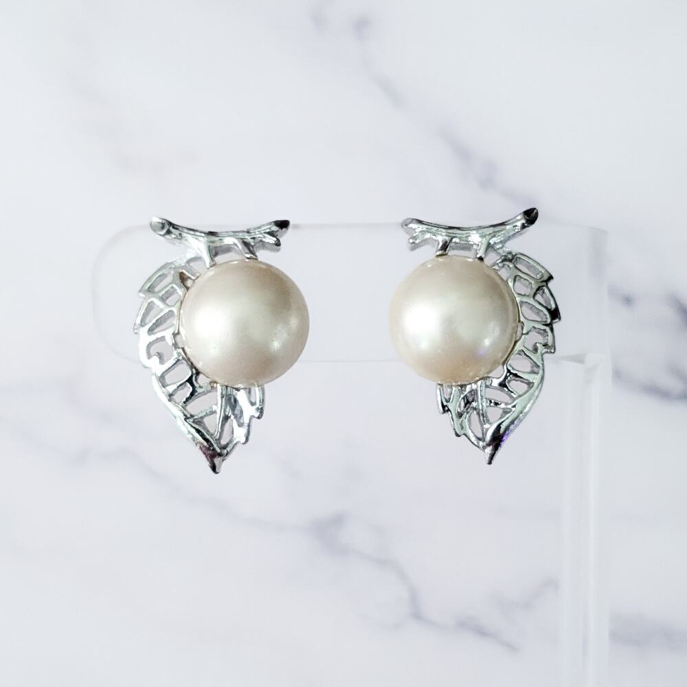 Vintage Clip On Earrings Large Silver Tone Leaf & Faux Pearl Statement